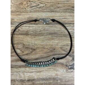 FOSSIL VTG Silver Tone Turquoise Bead Leather Cord Necklace Boho Festival Signed